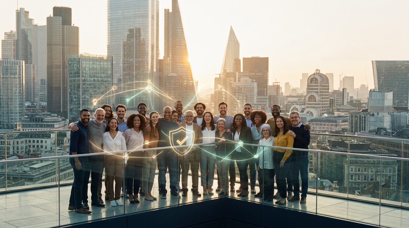 A diverse group of smiling people on a rooftop with a city skyline behind them, connected by a glowing verified-human credential network and a checkmark shield