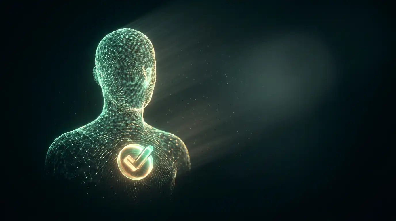 A luminous verified, unique human with a glowing proof credential