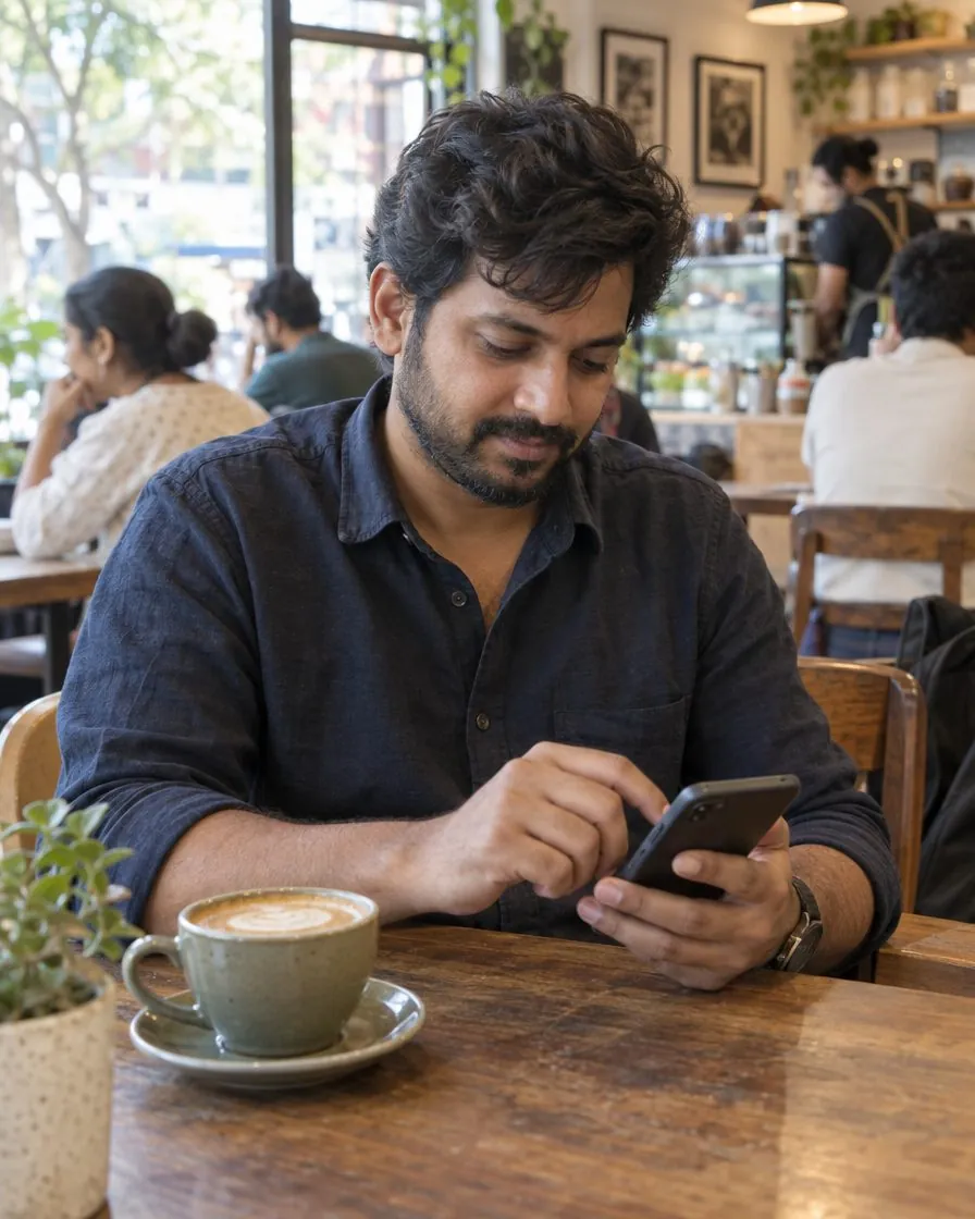 Man doing a short task on his phone in a café