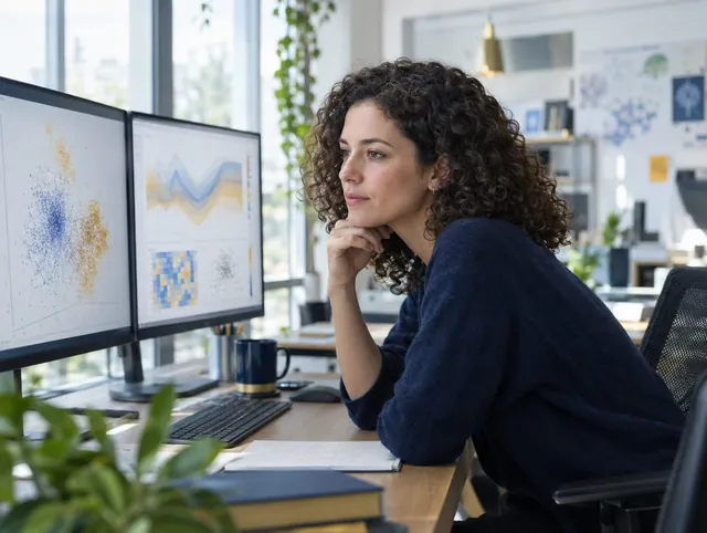Woman reviewing data on two monitors, labeling examples