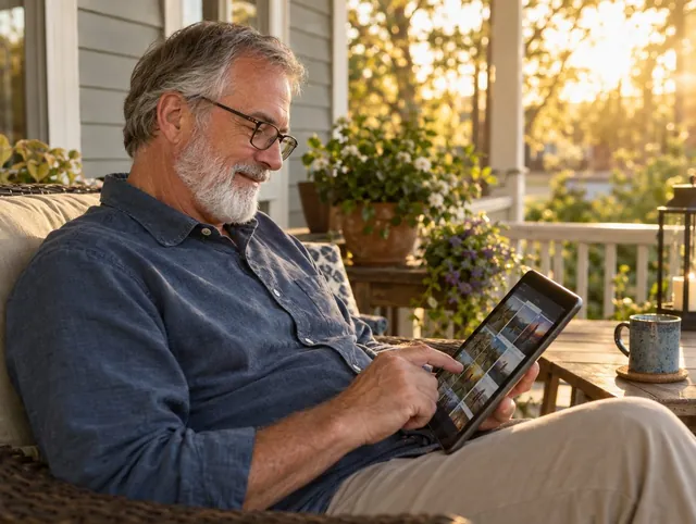 Man tagging photos on a tablet on his porch