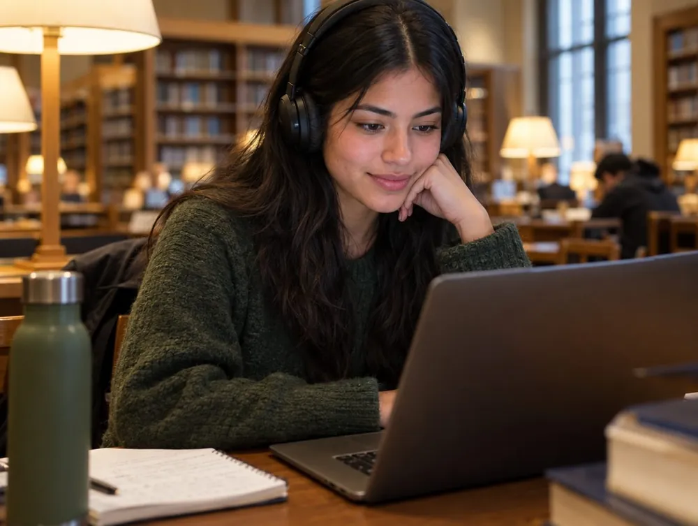 Creator with headphones working on a laptop in a library