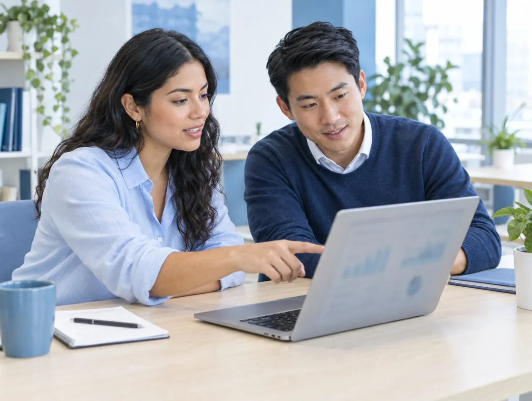 Two colleagues reviewing labels on a laptop