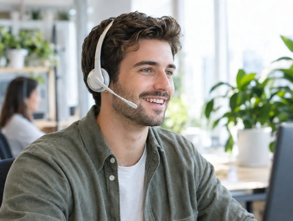Support team member with a headset, smiling