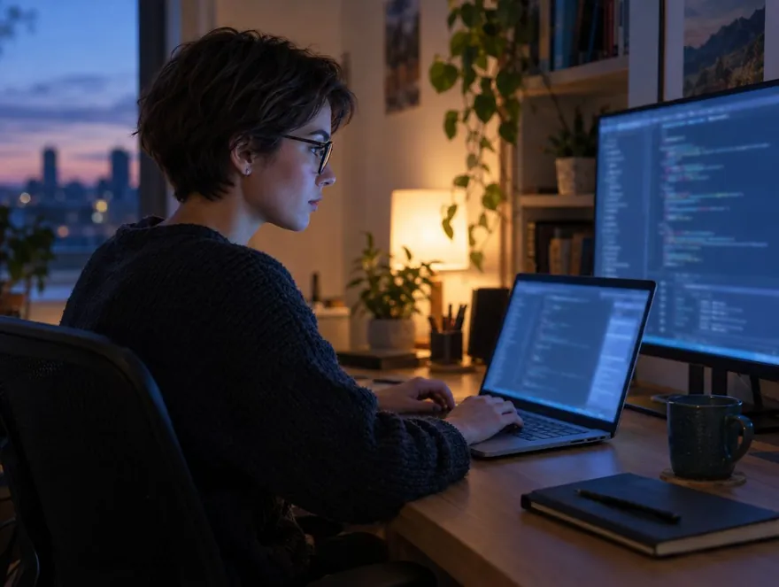 Developer at a desk with code on two screens